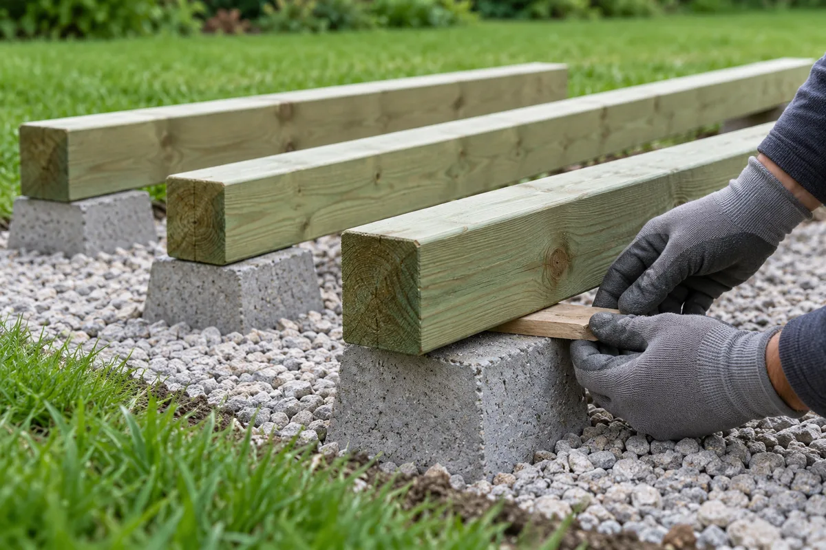 Mains gantées glissant une cale sous une lambourde de pin traité posée sur des plots de béton