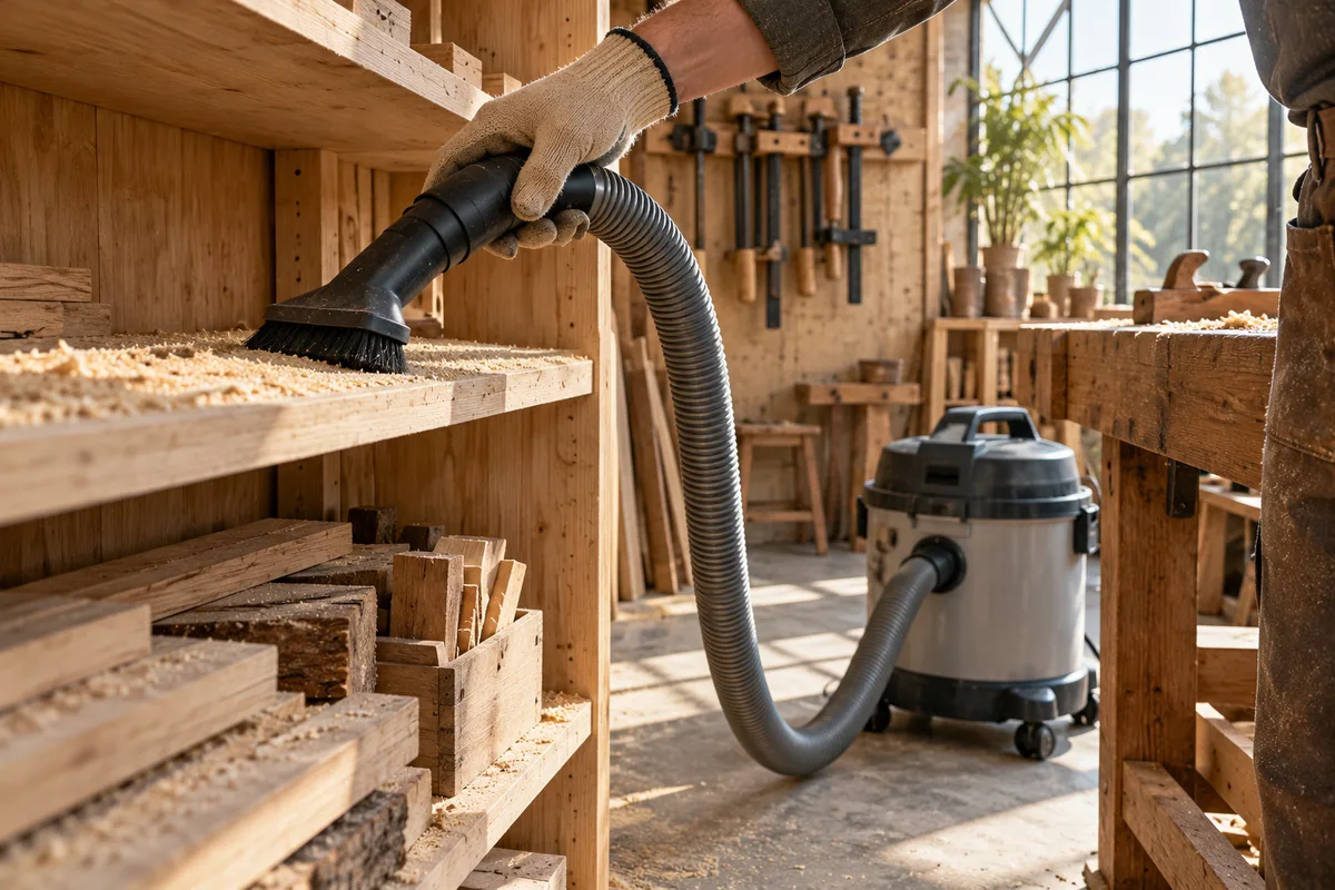 Suceur d’un aspirateur d’atelier gris passé sur une étagère couverte de sciure au-dessus d’un établi