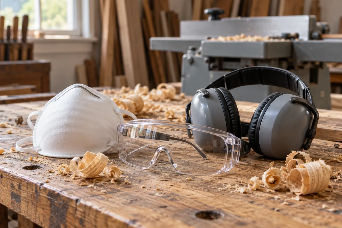 Masque filtrant blanc, lunettes de protection et casque antibruit posés sur un établi en bois près d’une fenêtre