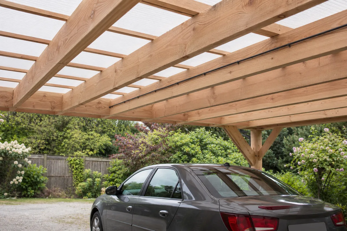 Carport en bois douglas couvert de panneaux photovoltaïques dans un jardin français, ciel bleu, voiture garée dessous
