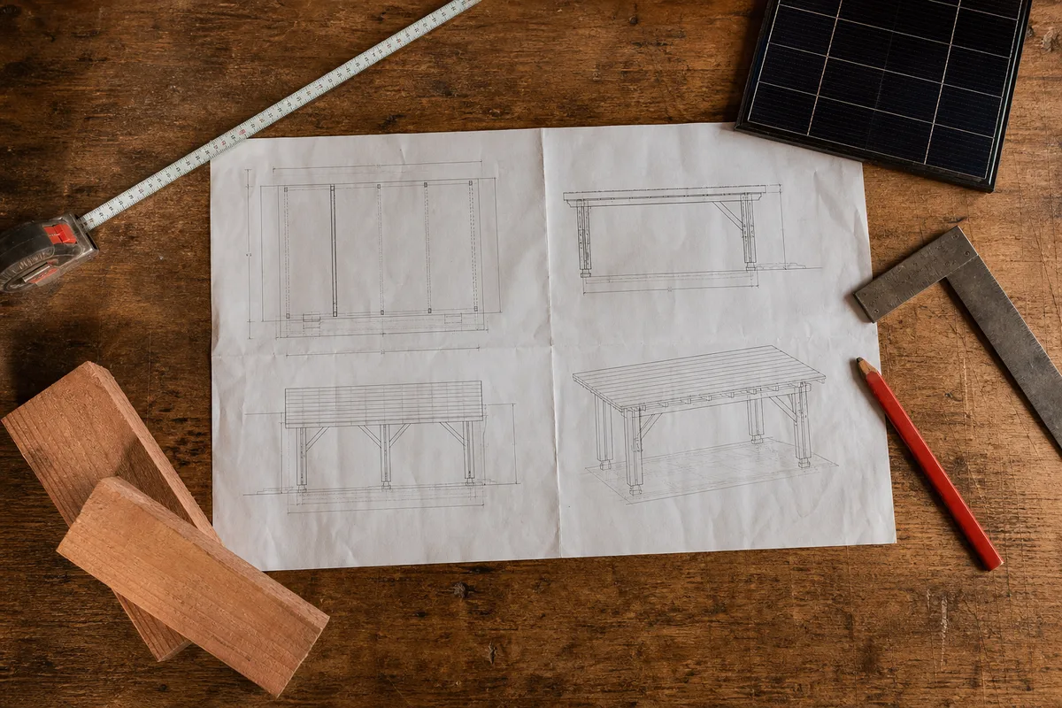 Plan de carport solaire posé sur un établi de menuisier avec mètre ruban, crayon et échantillon de bois douglas