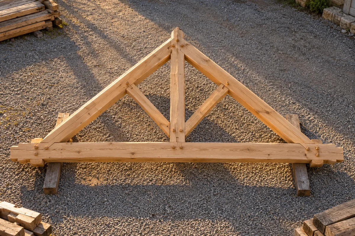 Ferme traditionnelle en bois assemblée au sol avec entrait, arbalétriers et poinçon chevillés