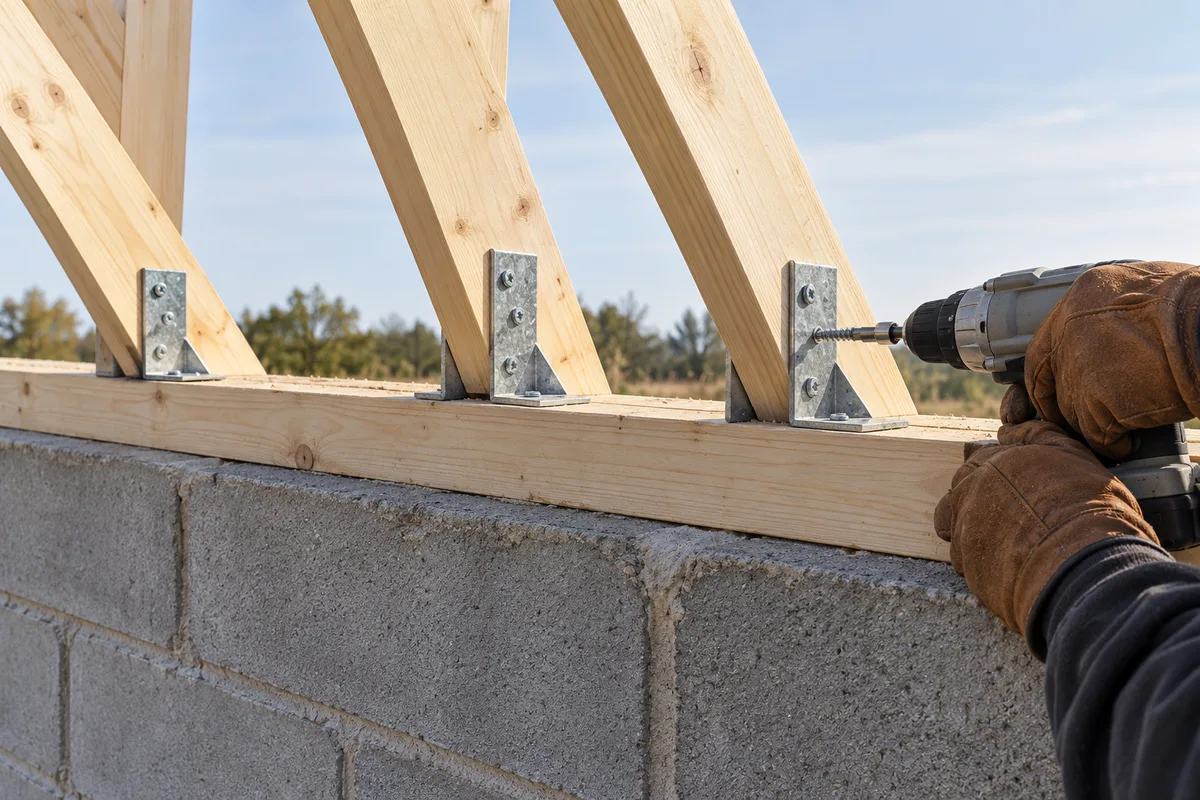 Fermettes en bois clair fixées par des équerres galvanisées sur la sablière d’un mur de garage
