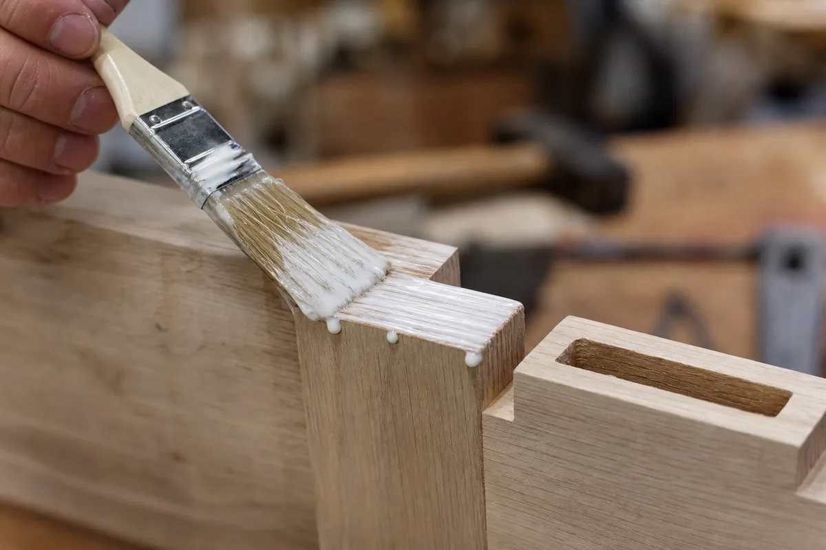 Application de colle vinylique blanche au pinceau sur un tenon de bois clair dans un atelier de menuiserie