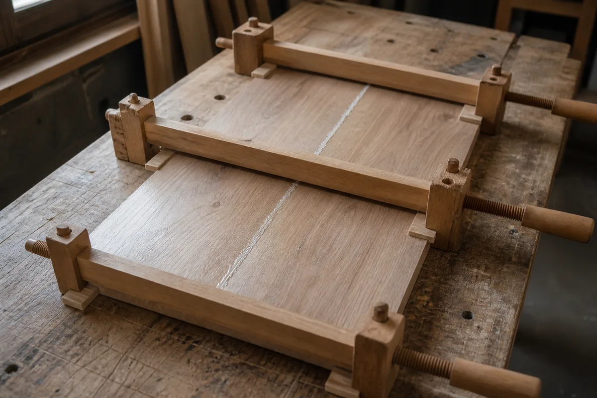 Serre-joints en bois maintenant sous pression un panneau collé, excédent de colle essuyé sur le joint