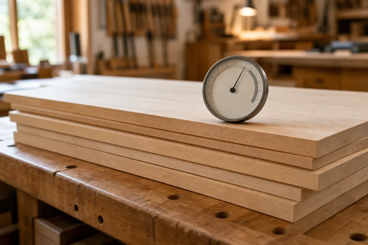 Rouleau de bois massif acclimaté près d&rsquo;un hygromètre posé sur un établi d&rsquo;atelier chauffé