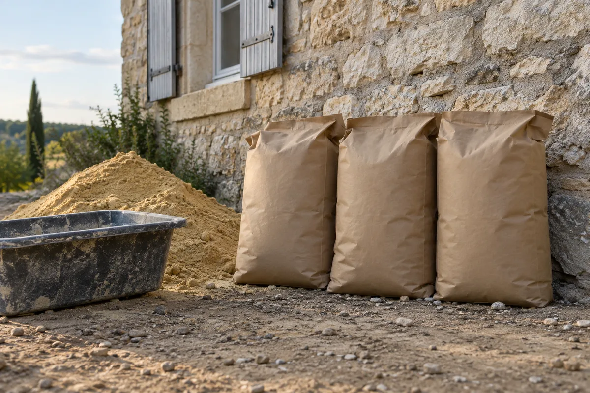 Trois sacs de chaux en papier kraft uni alignés au pied d&rsquo;un mur en pierre calcaire sur un chantier de façade