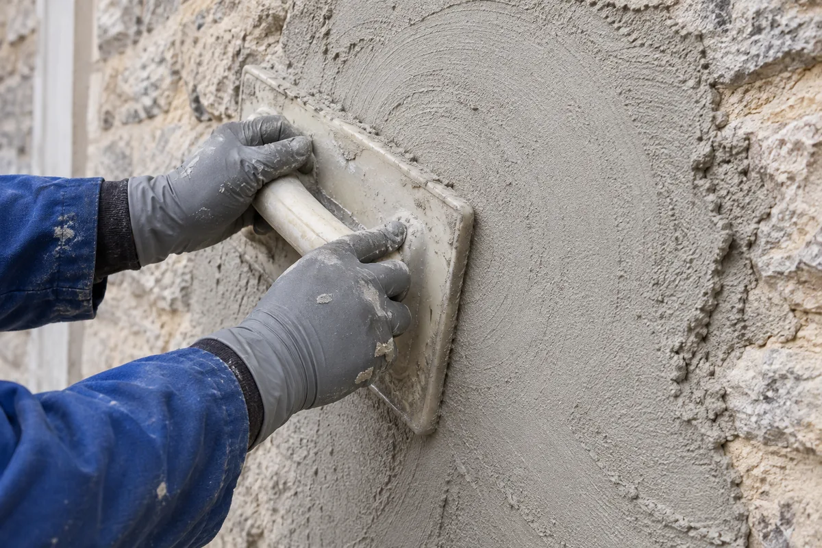 Mains gantées serrant à la taloche un corps d&rsquo;enduit à la chaux gris clair sur un mur de façade ancienne