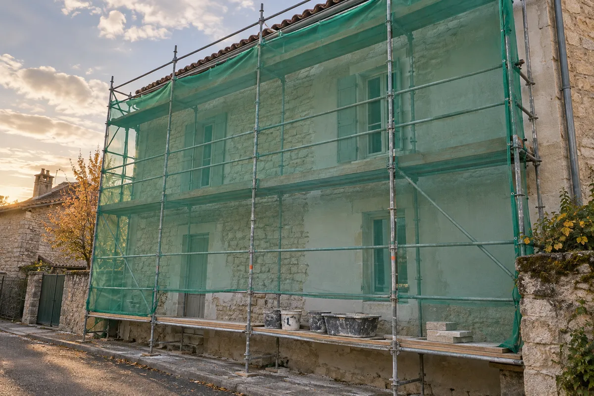 Filet brise-vent tendu sur un échafaudage devant une façade en cours d&rsquo;enduit, lumière d&rsquo;automne