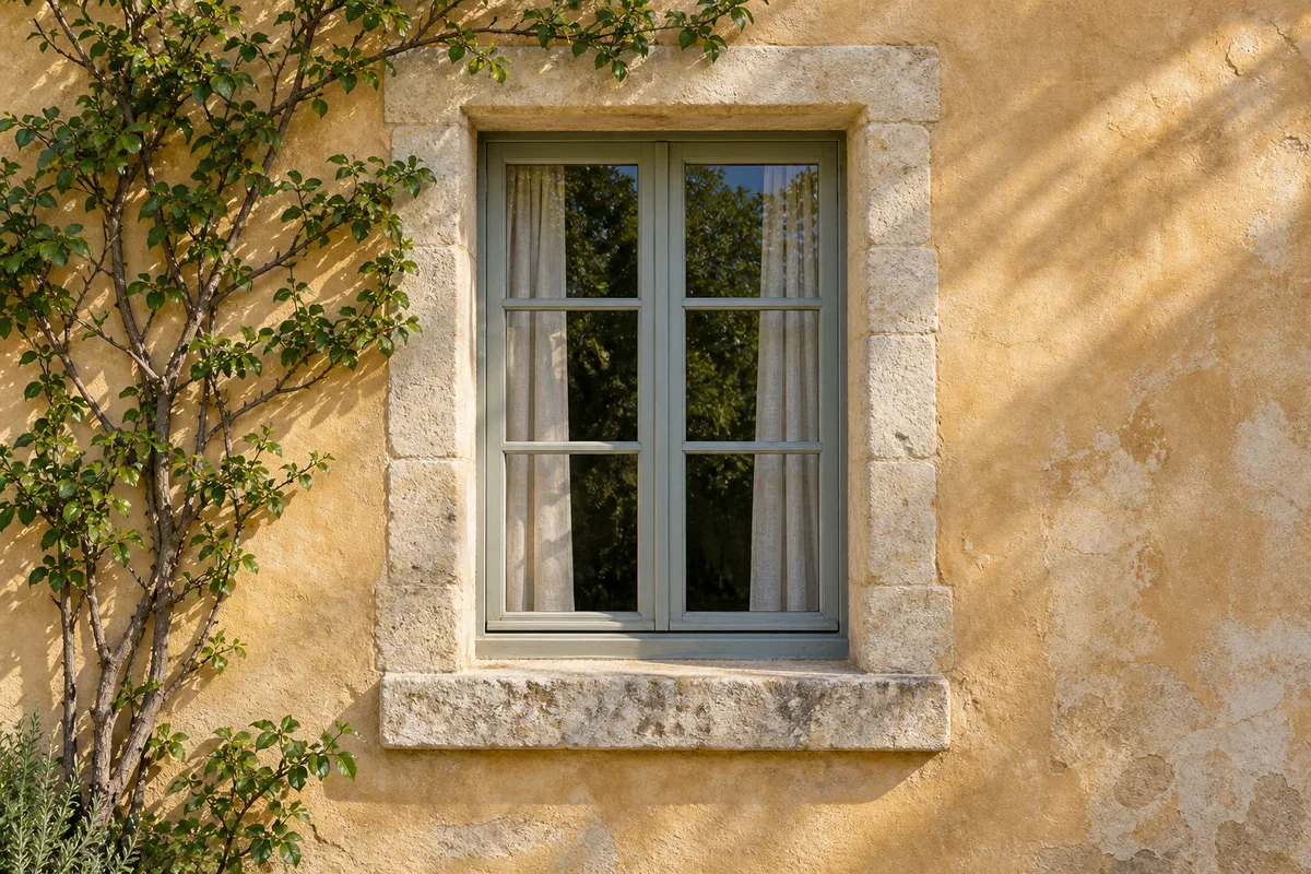 Façade en pierre enduite à la chaux ocre clair vieillie naturellement, avec appui de fenêtre en pierre calcaire