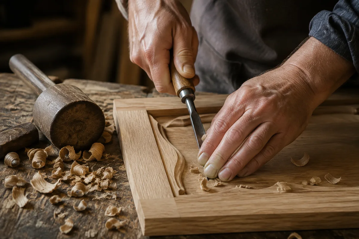 Atelier de menuiserie, panneau de bois en cours de gravure au ciseau