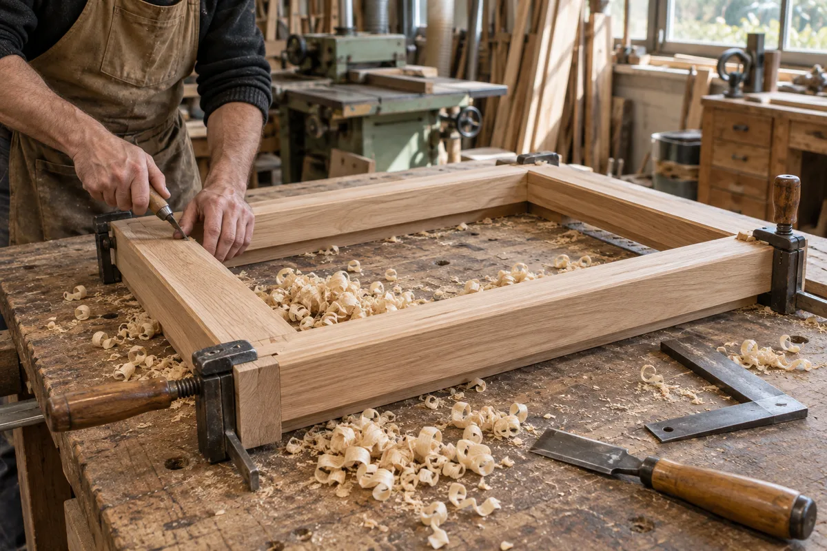 Atelier de menuiserie avec un dormant de fenêtre en bois en cours d&rsquo;assemblage