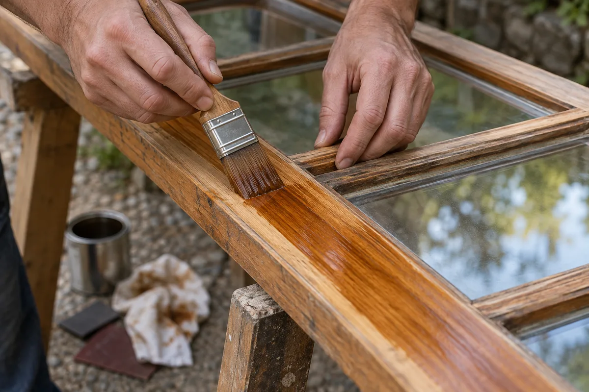 Mains appliquant une lasure au pinceau sur un ouvrant de fenêtre en bois