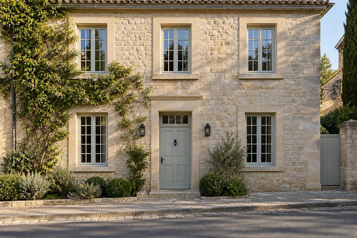 Façade en pierre équipée de fenêtres en bois neuves à petits bois