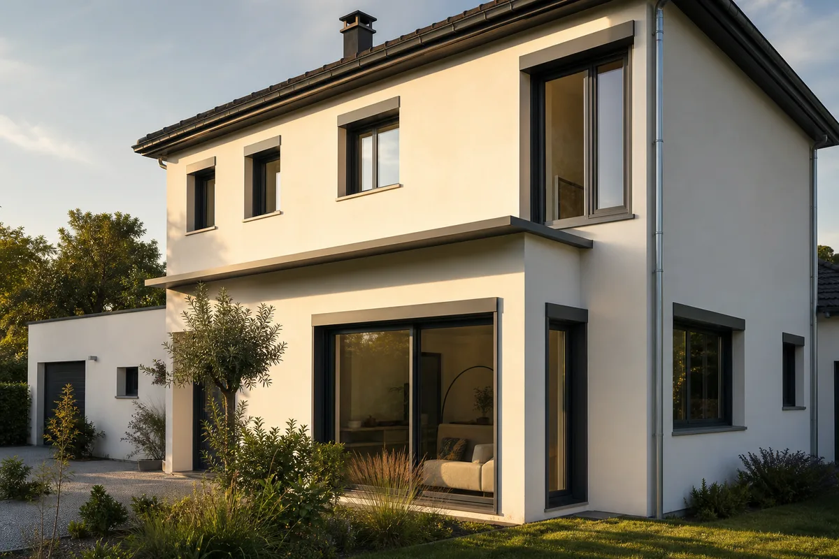 Façade de maison avec fenêtres mixtes bois-alu au capotage aluminium gris anthracite