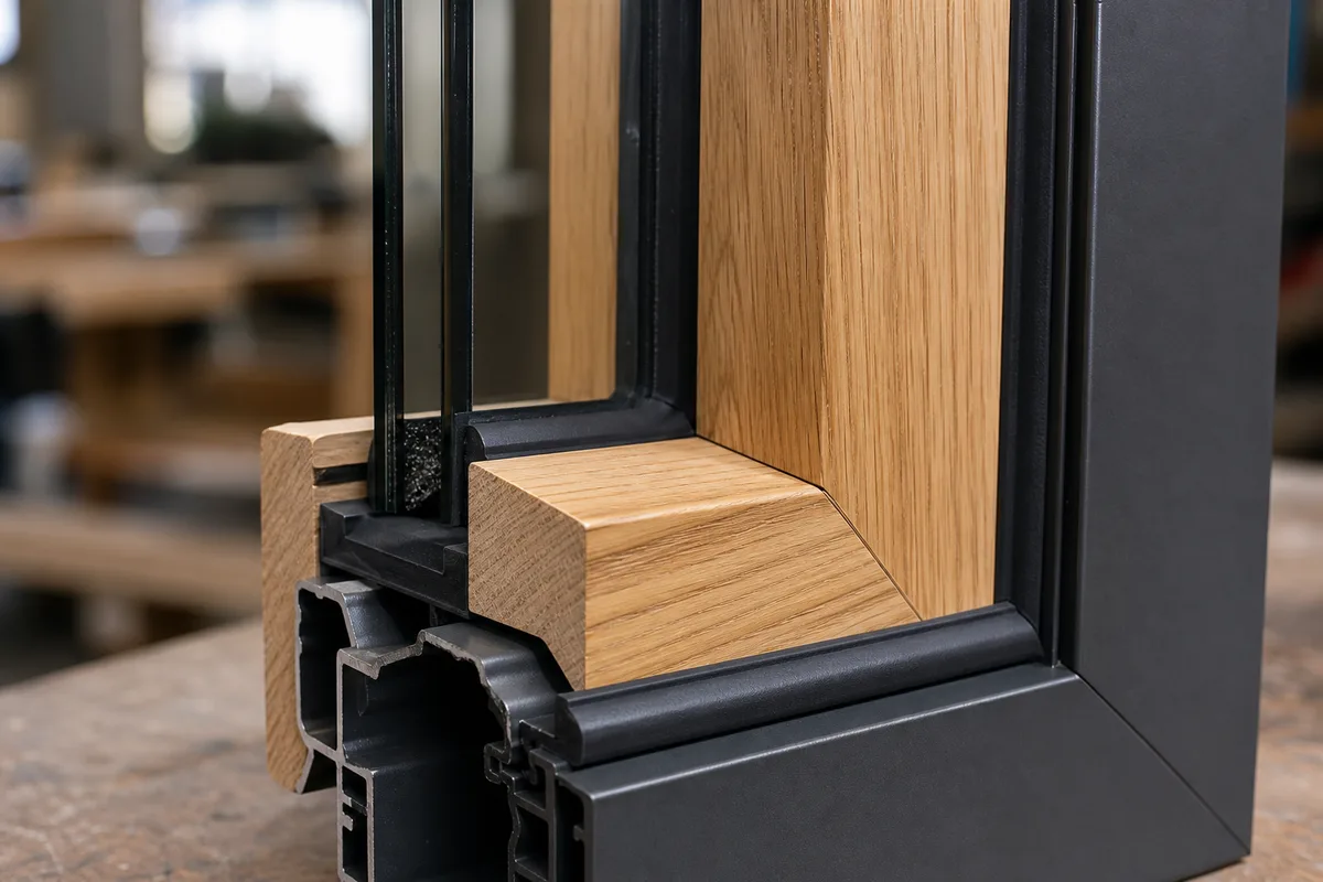 Détail d&rsquo;angle d&rsquo;un profilé bois-aluminium montrant la face bois intérieure et la coque alu extérieure