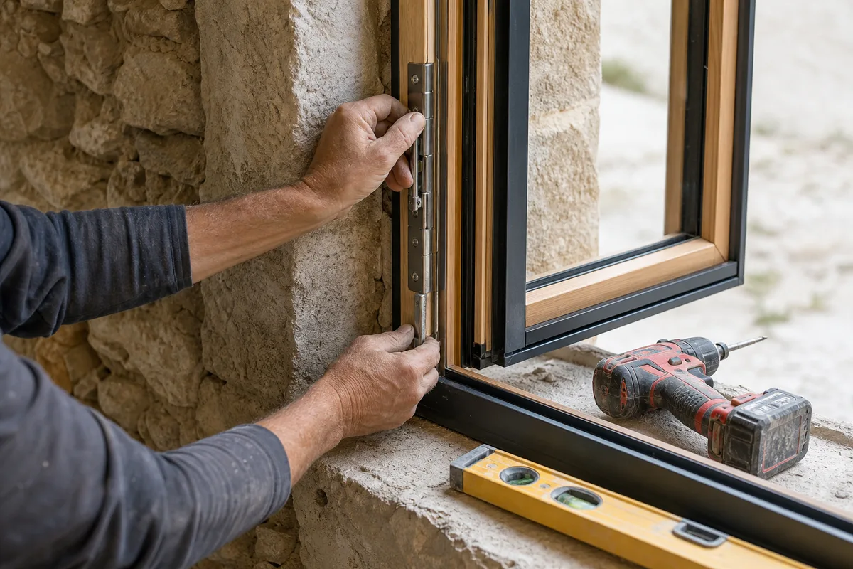 Artisan réglant les paumelles d&rsquo;un ouvrant bois-alu lors de la mise en place sur un mur en pierre