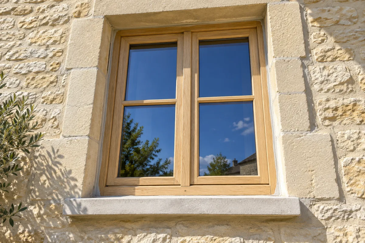 Fenêtre en bois neuve posée dans une façade en pierre, vue de l’extérieur au soleil
