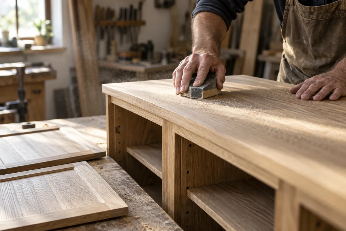 Mains qui poncent le plateau d’un meuble de rangement sur mesure posé sur un établi
