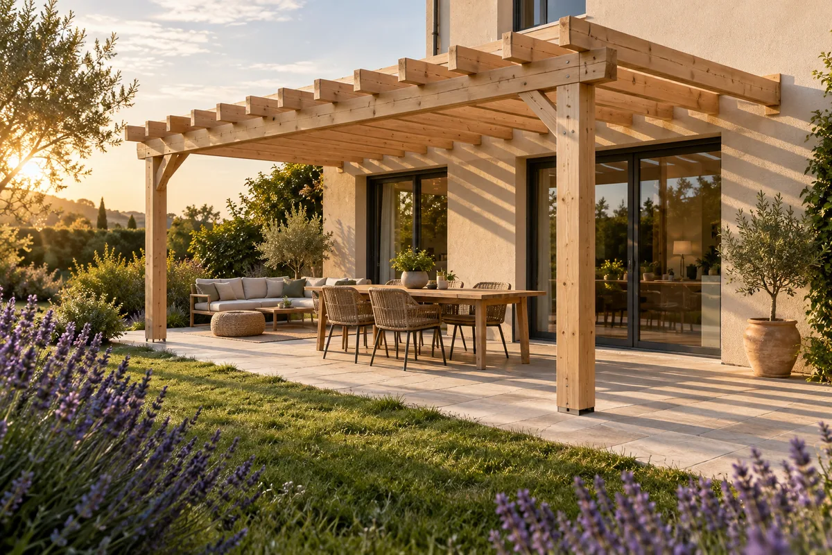 Pergola en bois clair adossée à une maison, dans un jardin en fin d’après-midi