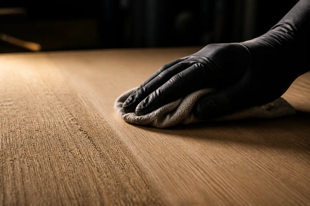 Main gantée passant un chiffon sur une surface en bois poncée, lumière rasante révélant les fibres