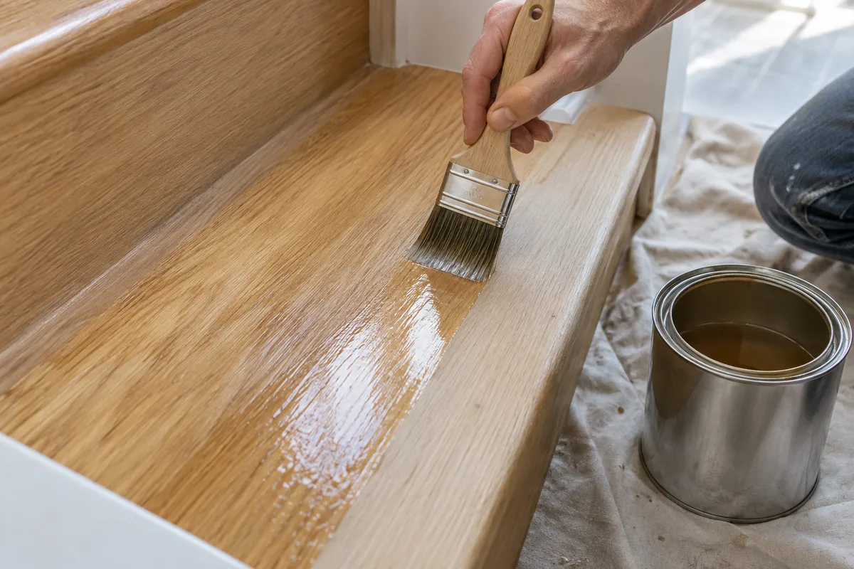 Pinceau appliquant un vitrificateur satiné sur une marche d’escalier en bois
