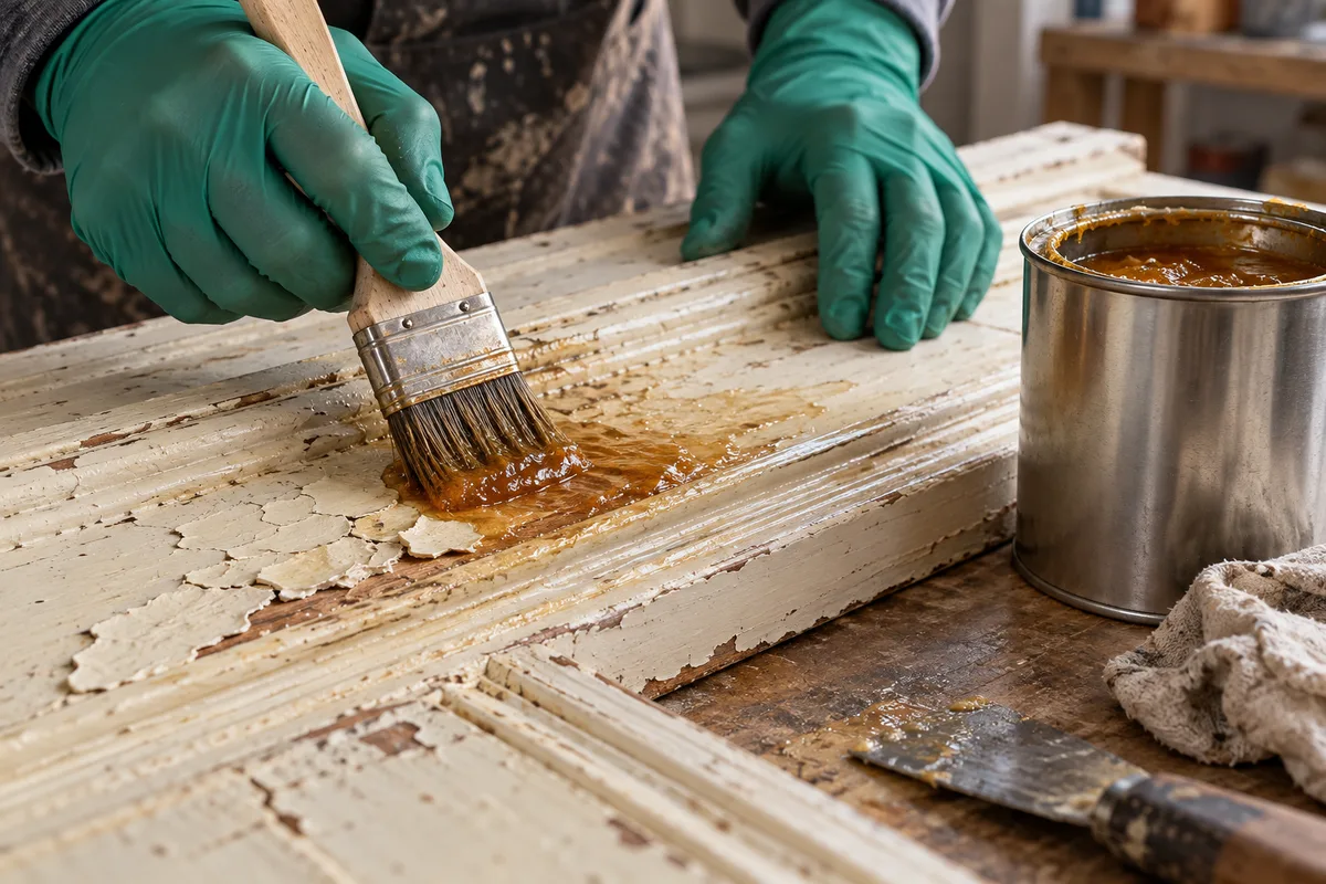 Mains gantées appliquant au pinceau un décapant en gel sur une moulure de porte en bois