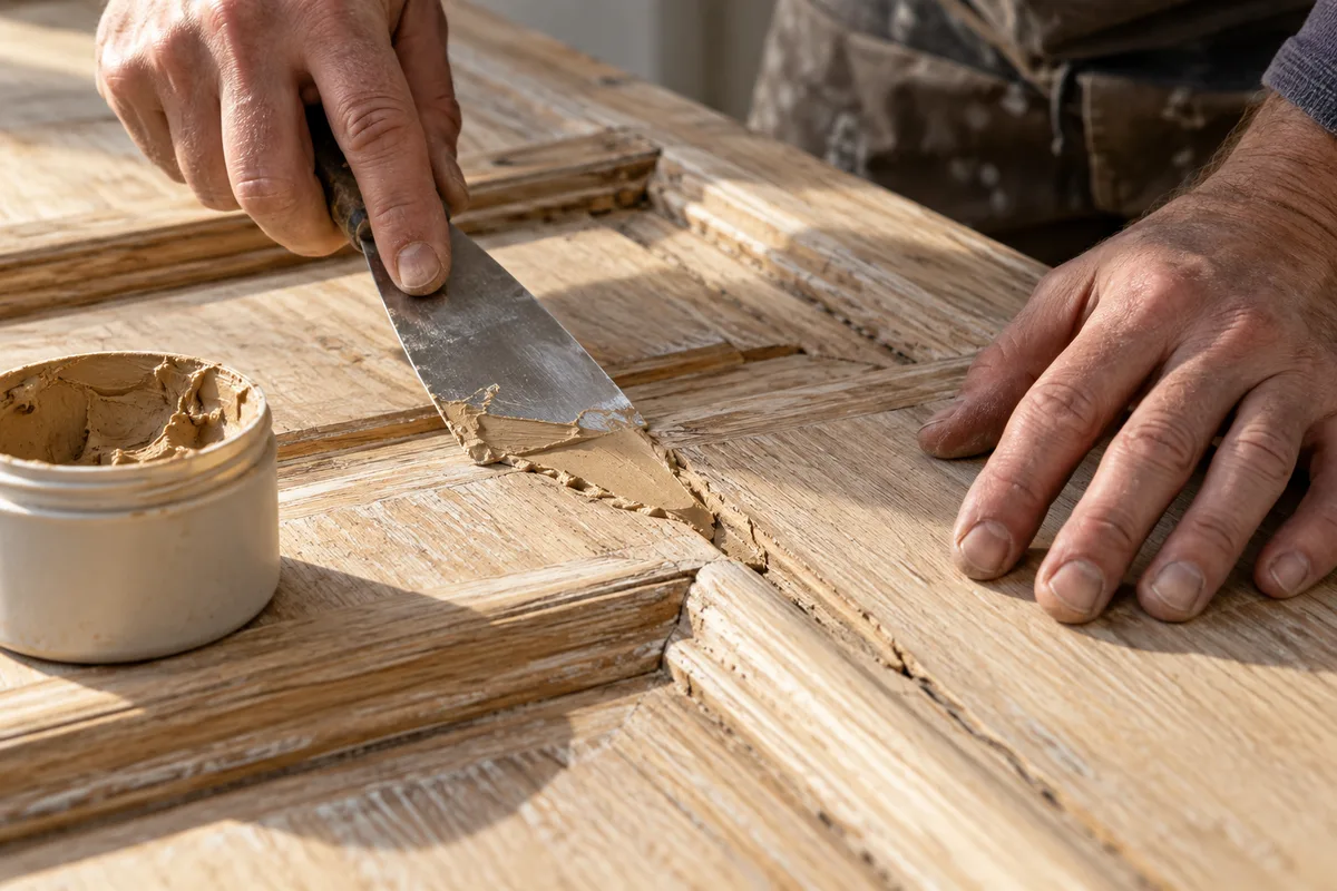 Pâte à bois lissée au couteau à reboucher dans une fente de porte décapée