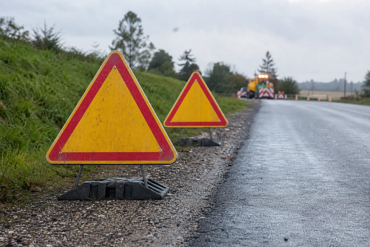 Panneaux de signalisation temporaire posés à l’approche d’un accès de chantier en bord de route