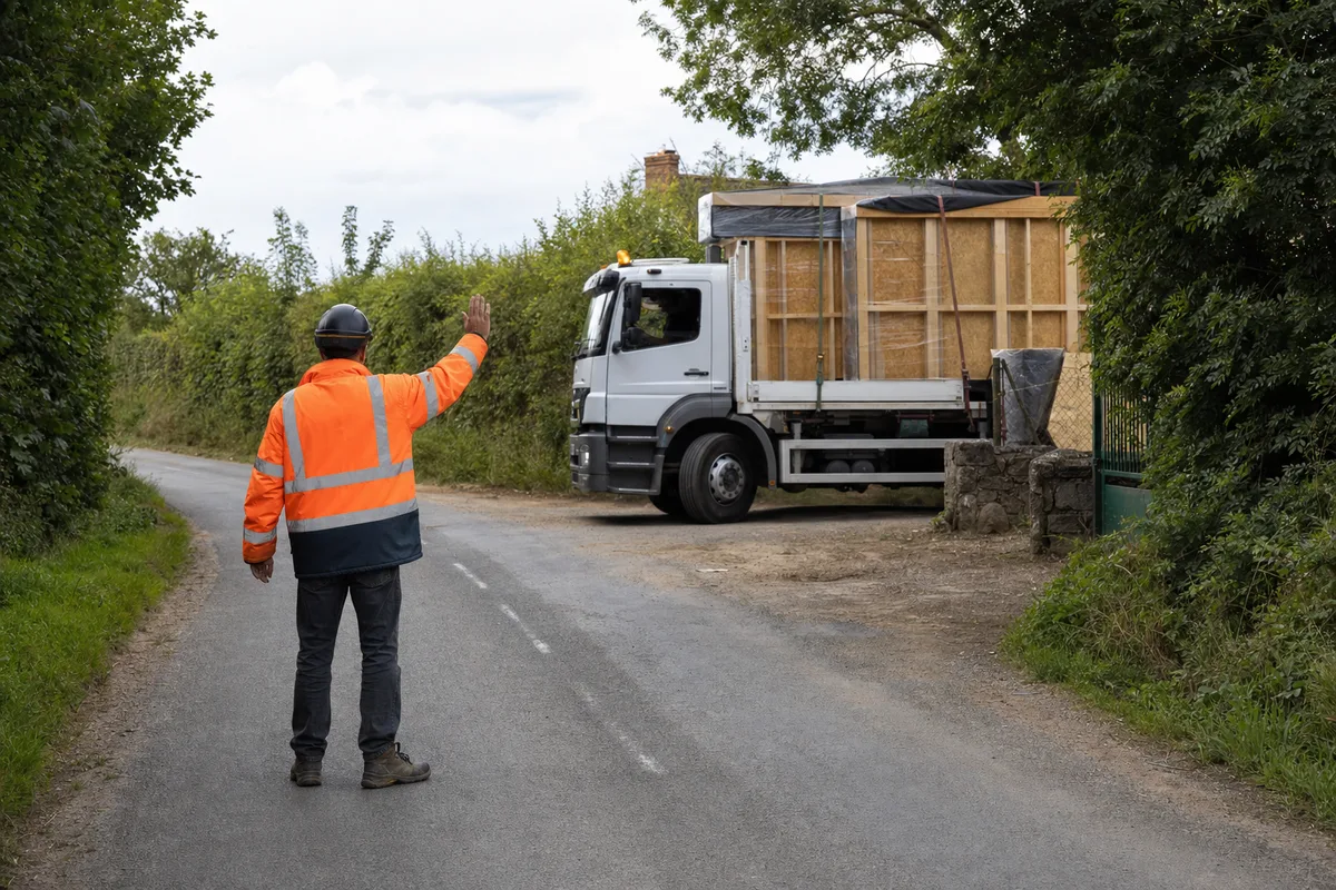 Homme trafic en gilet haute visibilité guidant la sortie d’un camion de livraison de bois sur une route de campagne