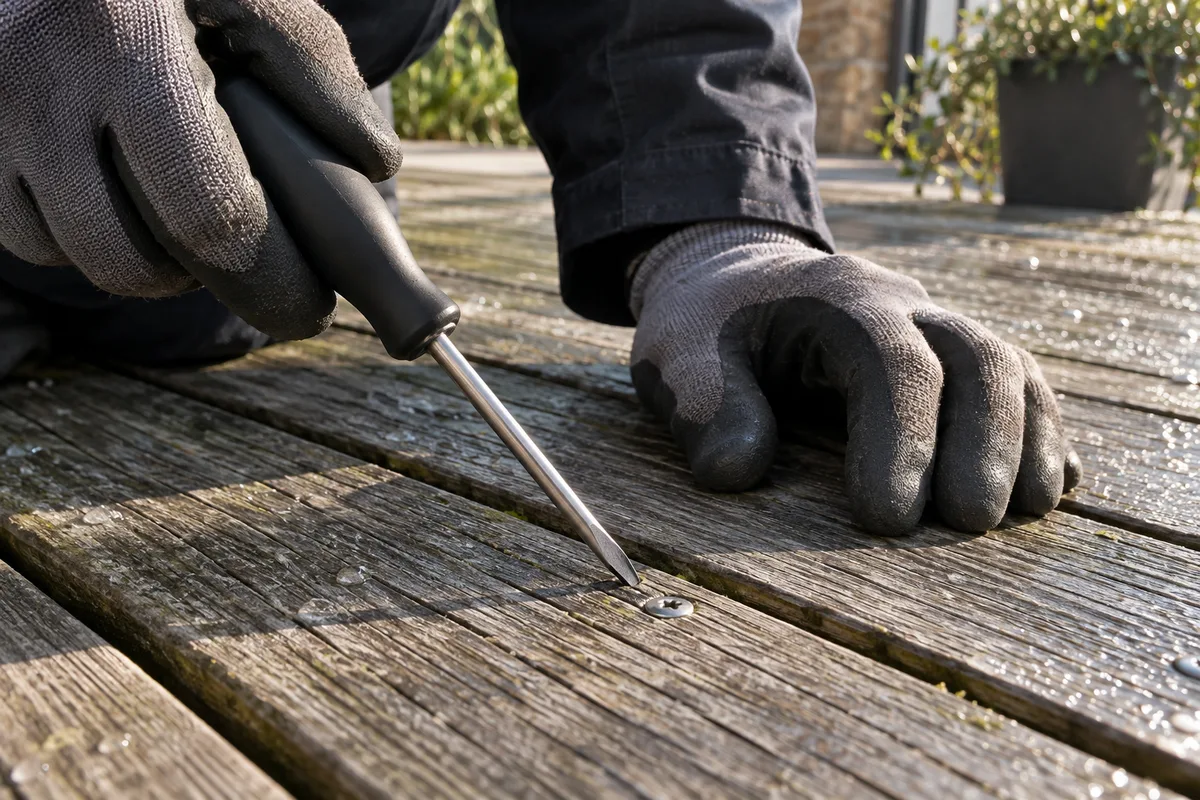 Mains gantées inspectant les lames grises d’une terrasse en bois avec un tournevis plat