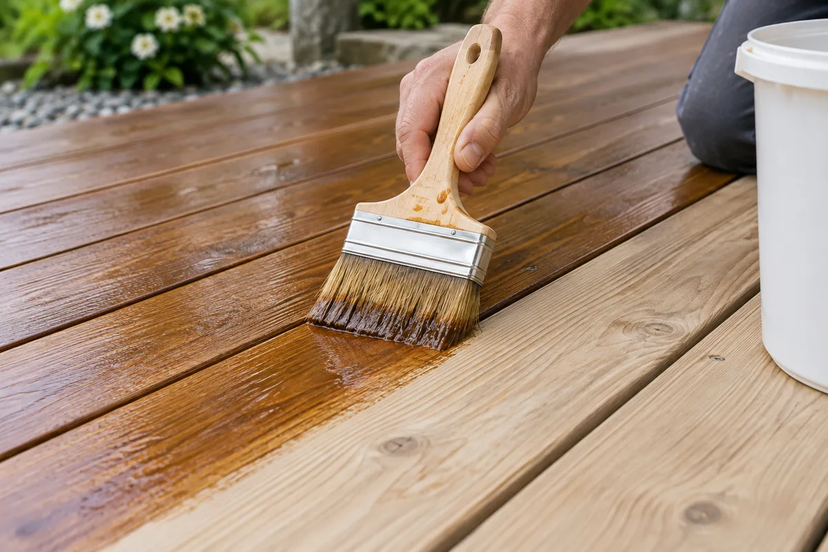 Application au spalter d’un saturateur ambré sur des lames de terrasse en bois clair