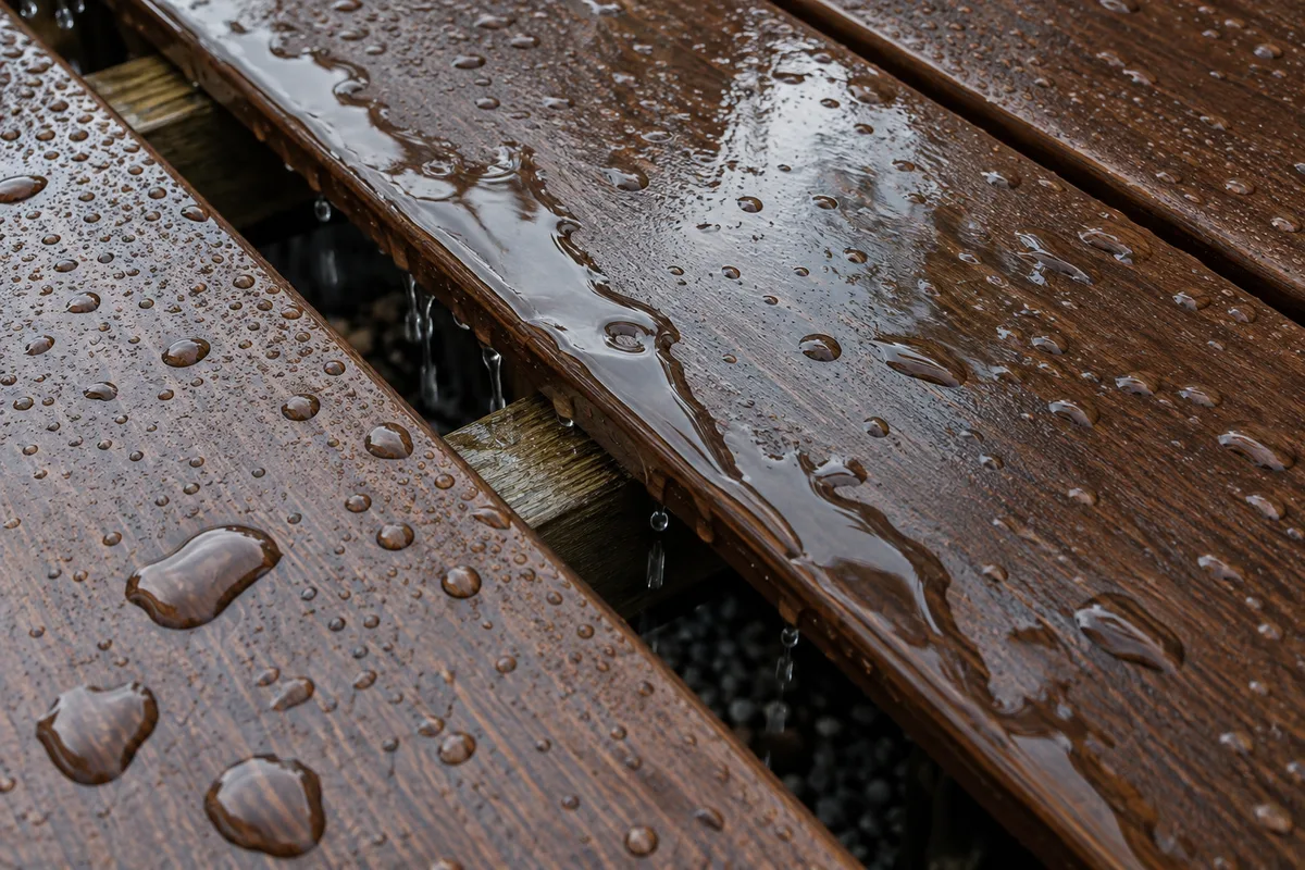 Ruissellement de l’eau de pluie entre les lames espacées d’une terrasse en bois