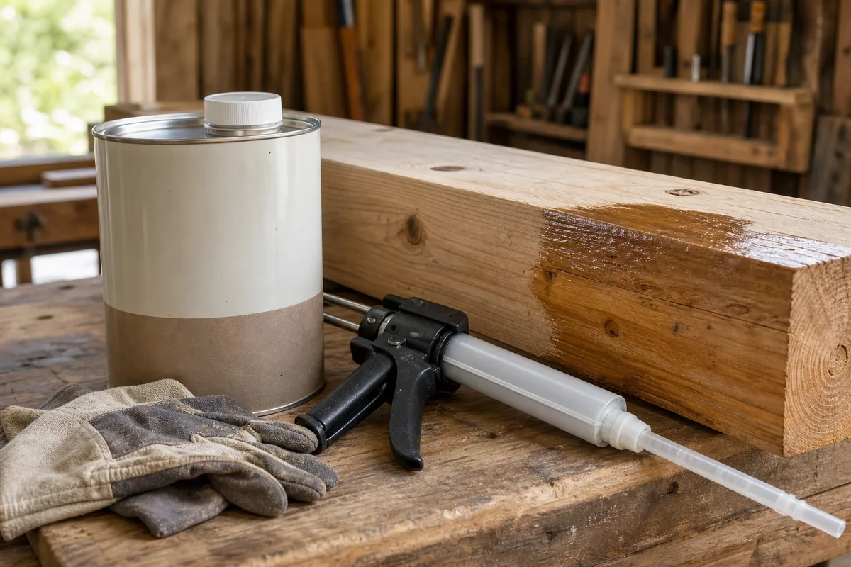 Bidon de produit insecticide-fongicide et pistolet injecteur posés sur un établi devant une poutre en bois traitée